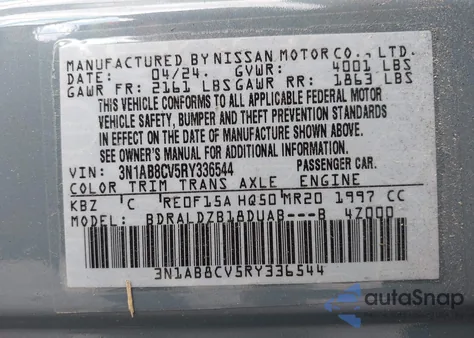 2024 Nissan Sentra Sv Xtronic Cvt from USA, damaged, VIN 3N1AB8CV5RY336544